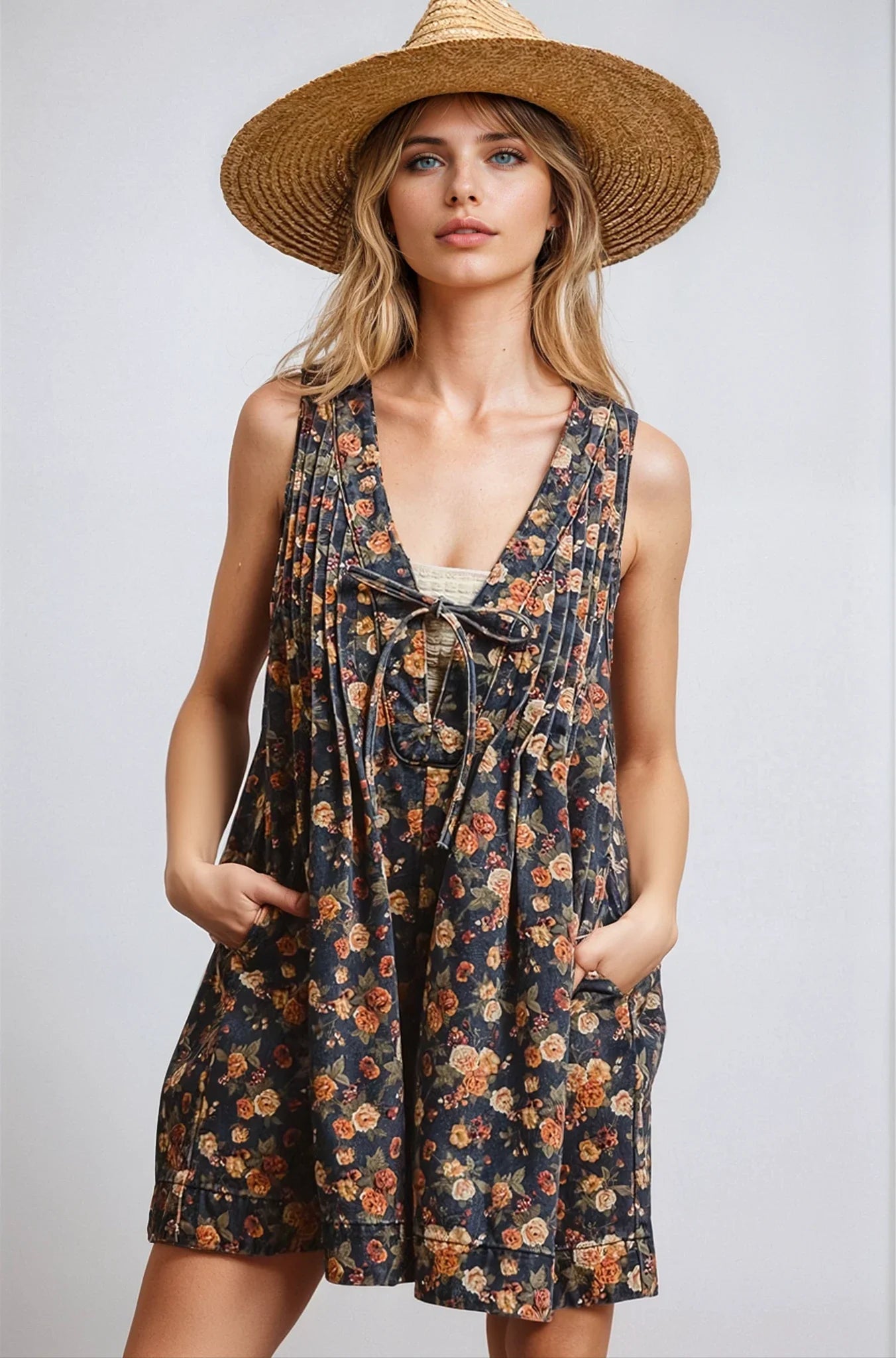 Vintage Bloom Denim Romper For Women